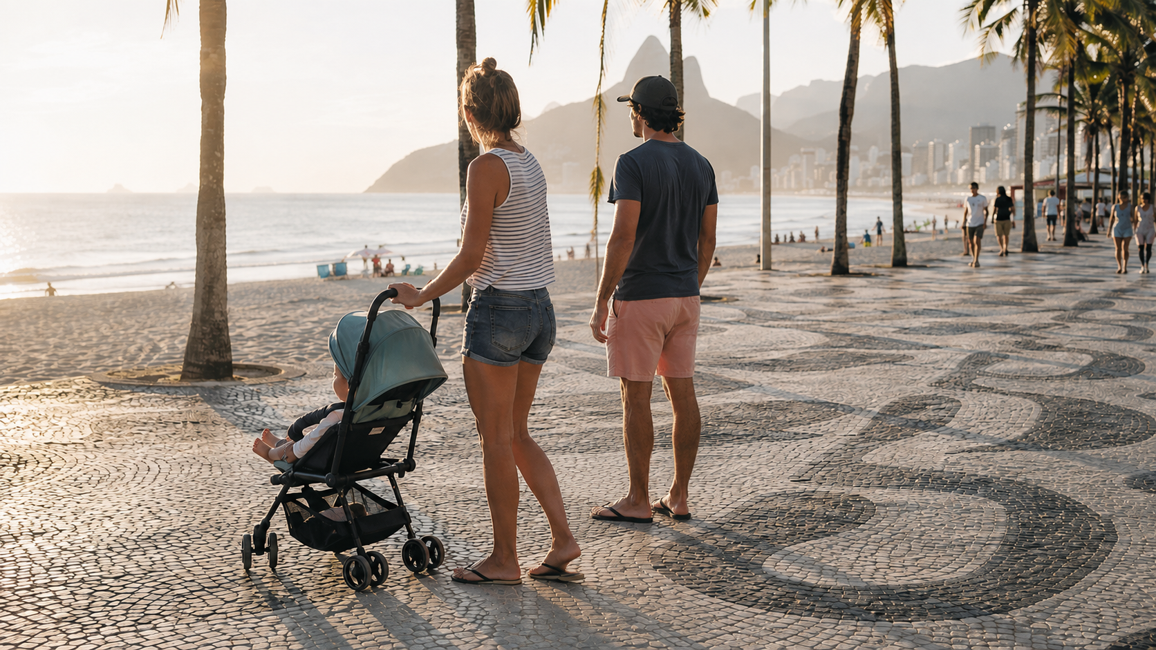 Familia paseando con cochecito de bebé o niño compacto en el malecón de Copacabana, Río de Janeiro